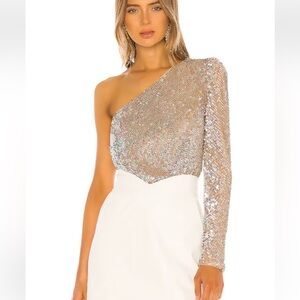 Camila Coelho Iridescent Sequin One-Shoulder Bodysuit in Champagne